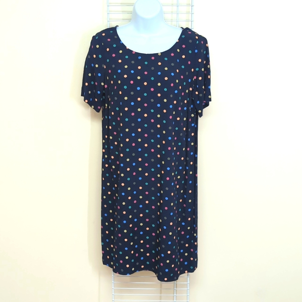 J. Jill Size 10 Petite Women's Navy Blue w/ Polka Dots Short Sleeve Shift Dress